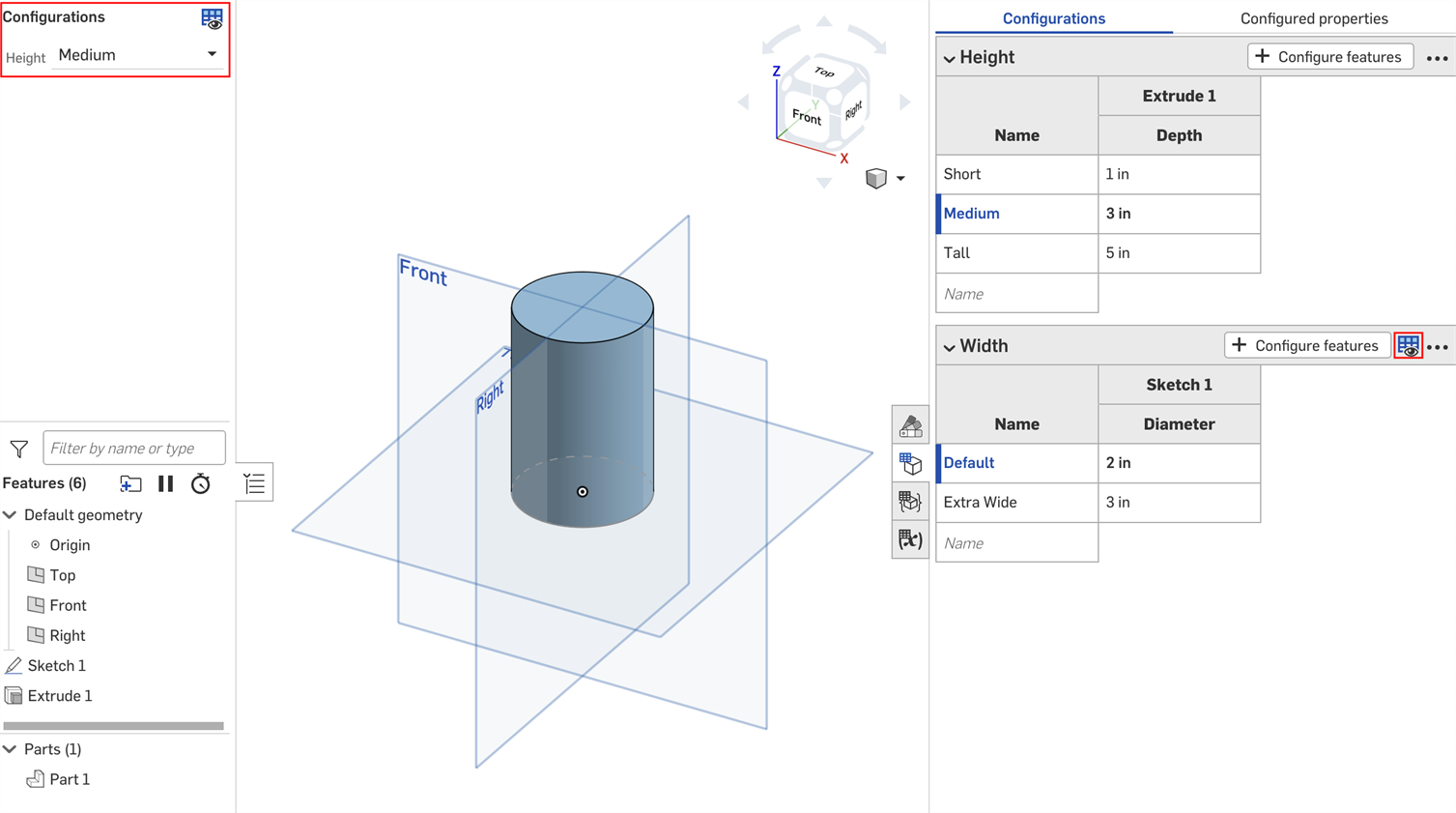 More options menu in the Configurations panel with Visibilty condition highlighted