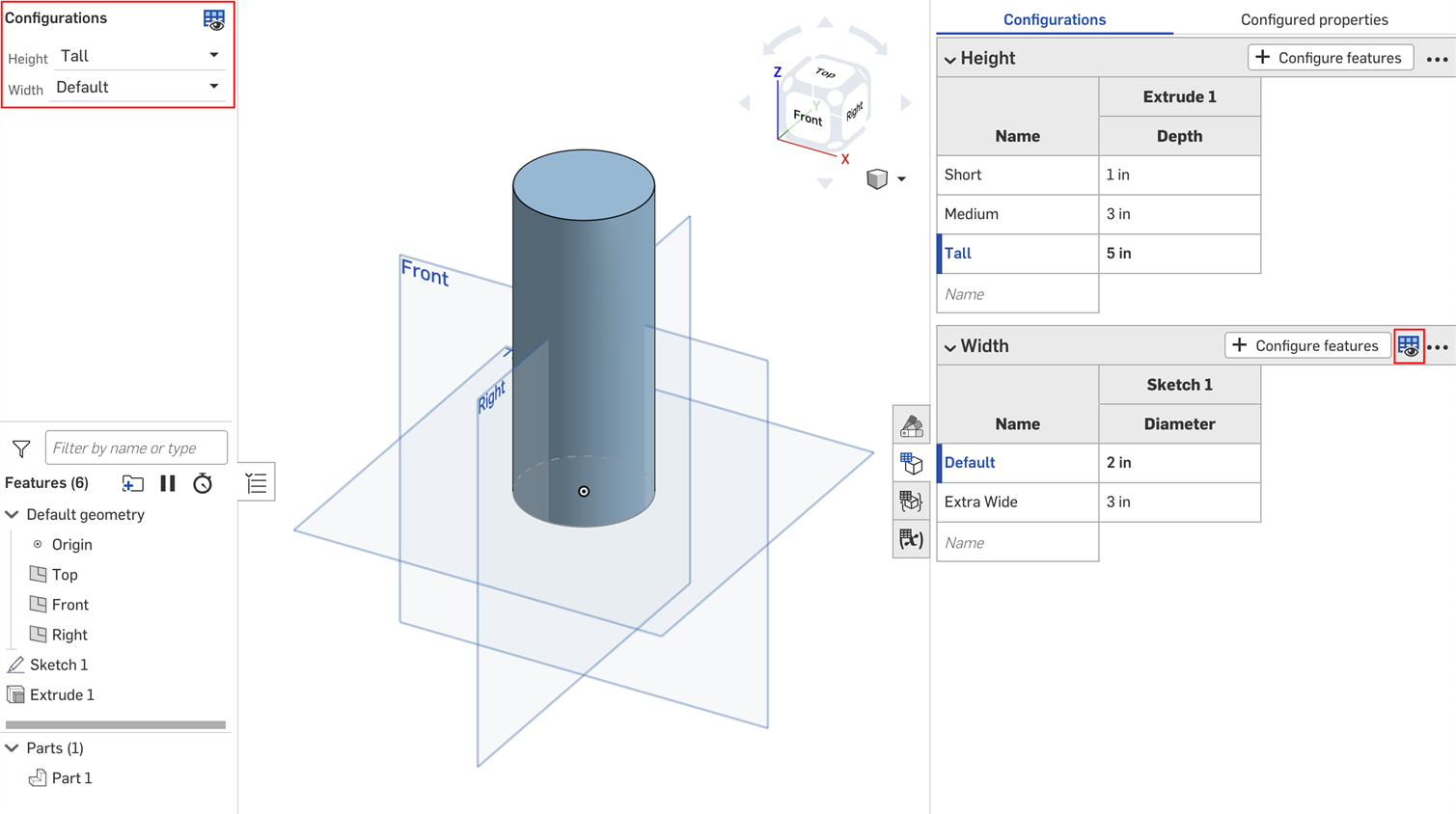 More options menu in the Configurations panel with Visibilty condition highlighted