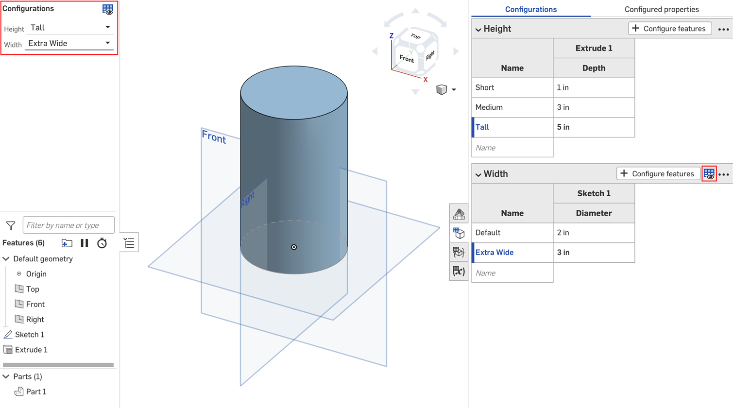 More options menu in the Configurations panel with Visibilty condition highlighted