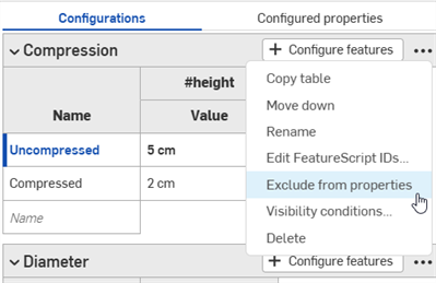 Click the overflow menu in the Configuration panel and select Exclude from properties