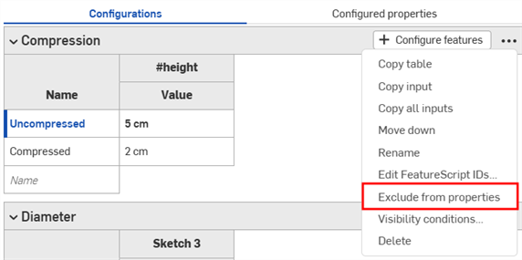 Click the overflow menu in the Configuration panel and select Exclude from properties