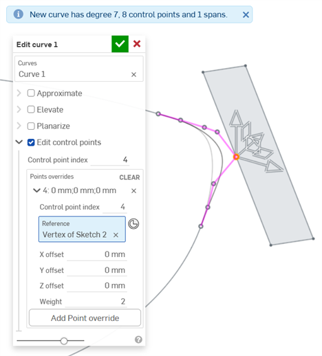 Edit curve: control point reference example