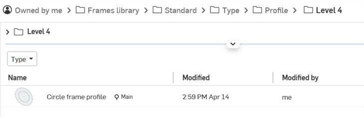 Frame profile document added to the last folder in the tree