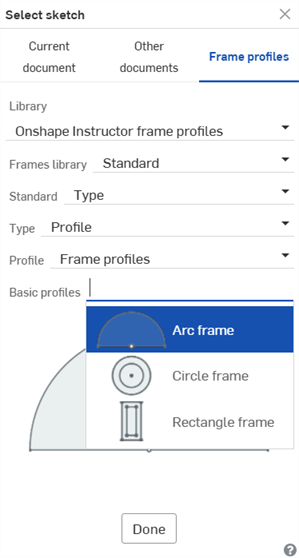 Select sketch dialog showing 3 frame profiles in one document