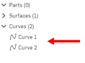 新建立的曲線出現在「零件」清單中的範例