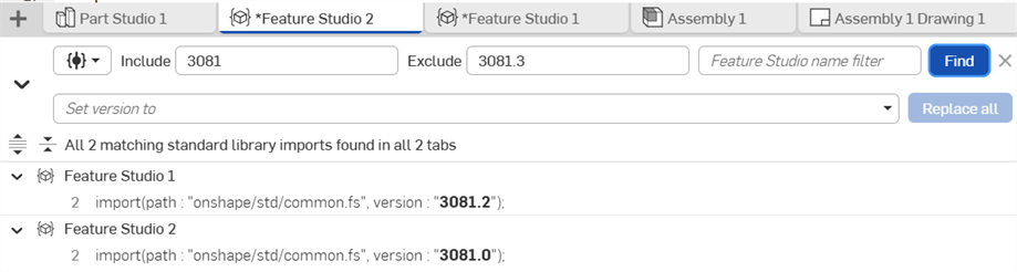 Feature Studio Search for standard library import versions