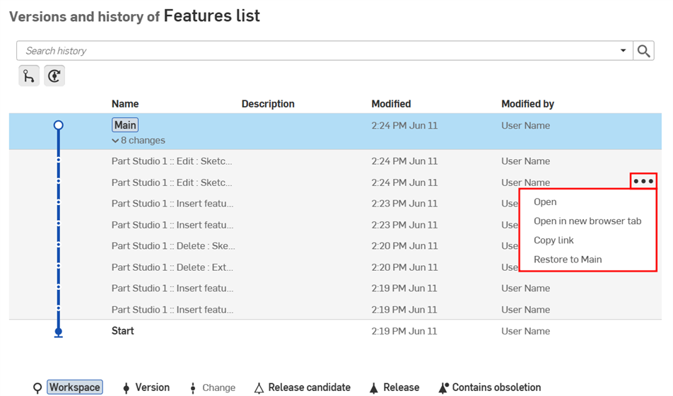 Three-dot menu expanded in the Versions and history page