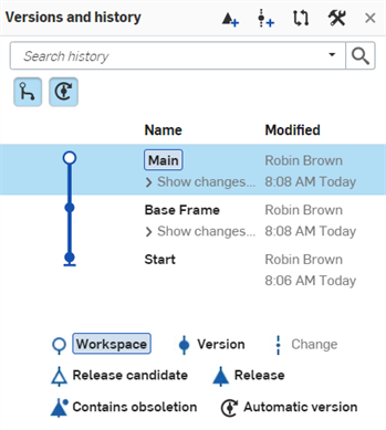 如何將第一個版本命名為 Base Frame 的範例，在「版本與歷程」面板中顯示新的名稱