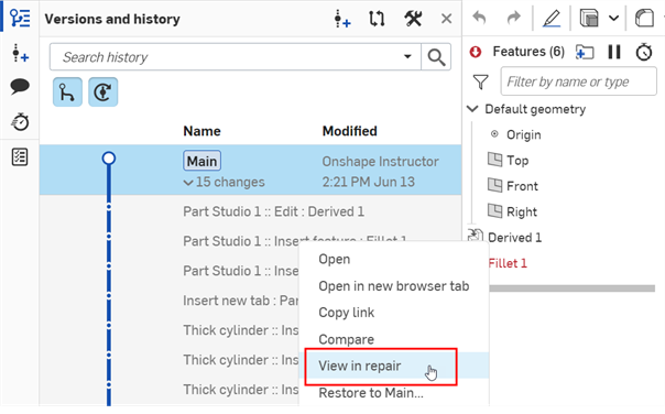 Selecting View in Repair in the context menu