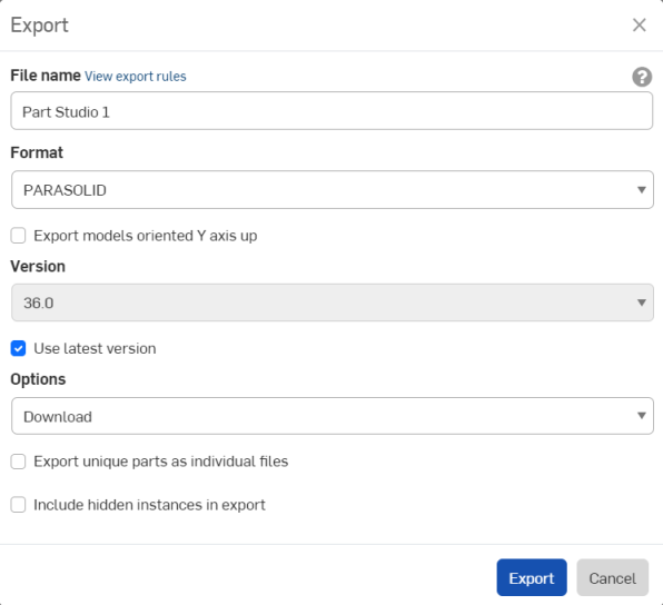 Export dialog