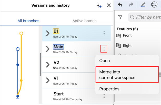 With the target branch selected, right-click the source branch and select Merge into current workspace