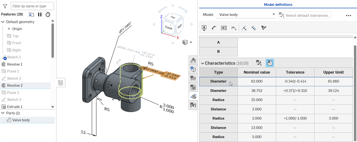 Clicking the Type: Diameter cell to show cross-highlighting