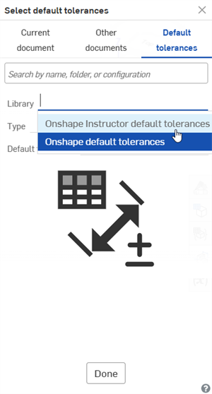 Select default tolerances dialog