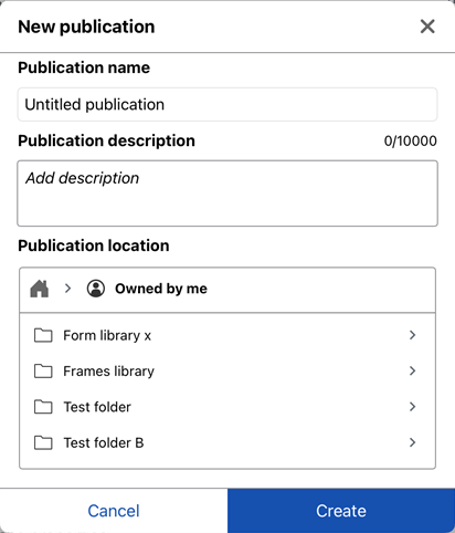 New publication dialog on iOS
