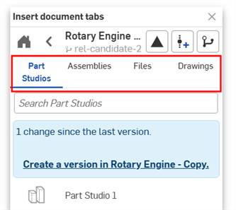 Insert document tab showing a document's tabs