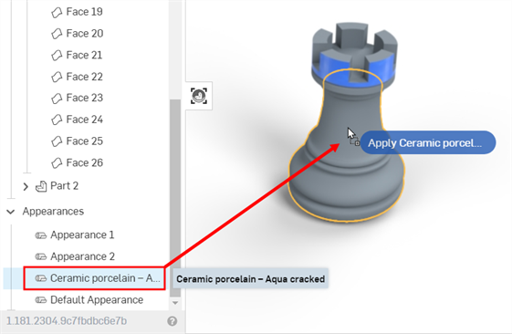 Assigning an Appearance from the Scene list to a part or face in the graphics area