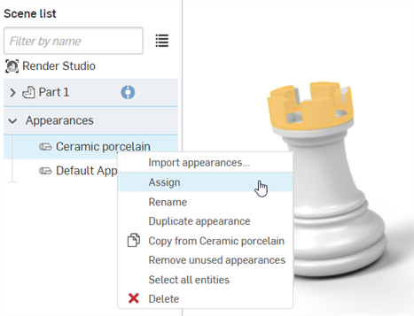 Assigning an Appearance from the Appearances list to elements in the graphics area