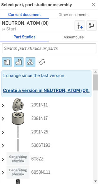 Select part, Part Studio, or Assembly dialog