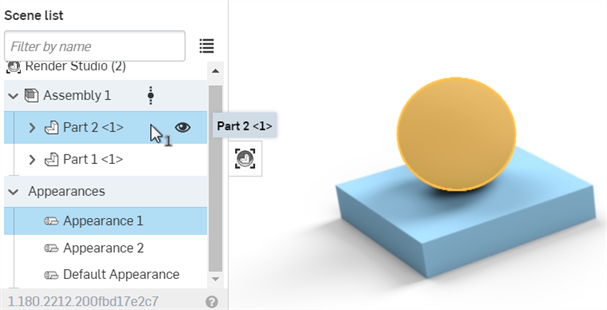 Selecting a part in the Scene list