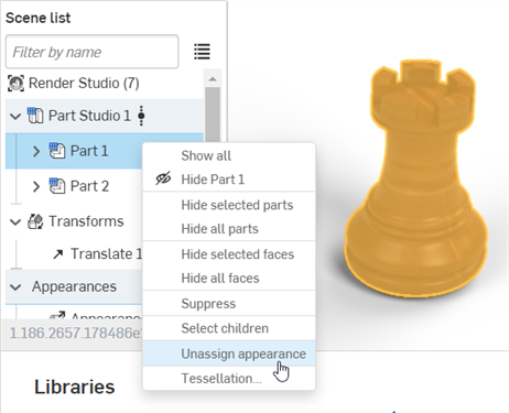 Selecting Unassign appearance from the Scene list context menu