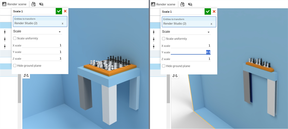 Example showing before and after an entire Assembly is scaled down