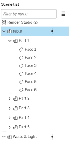 Scene list hierarchy with a part expanded to show its faces