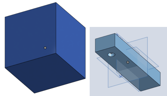 Model of the surrounding volume and two parts used for the underwater ship and light source