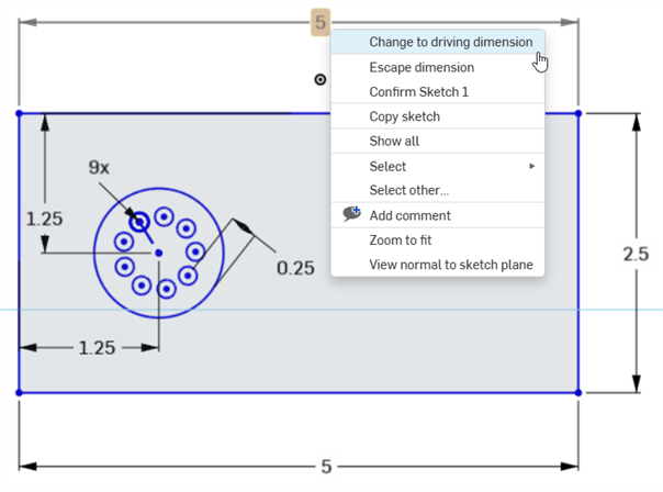 Using the context menu to change a dimension from driven back to driving